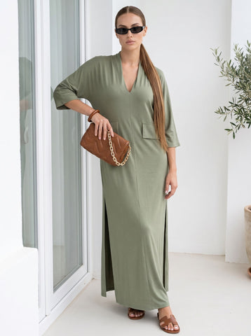 Casual V Neck Side Slit Dress