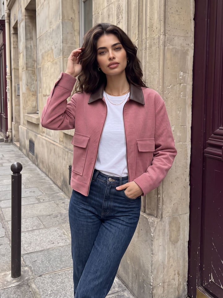 Contrast Collar Corduroy Zip Jacket