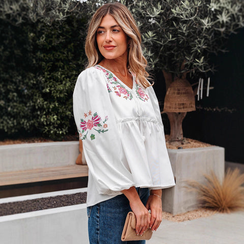 Floral Embroidery Drawstring Bohemian Blouse