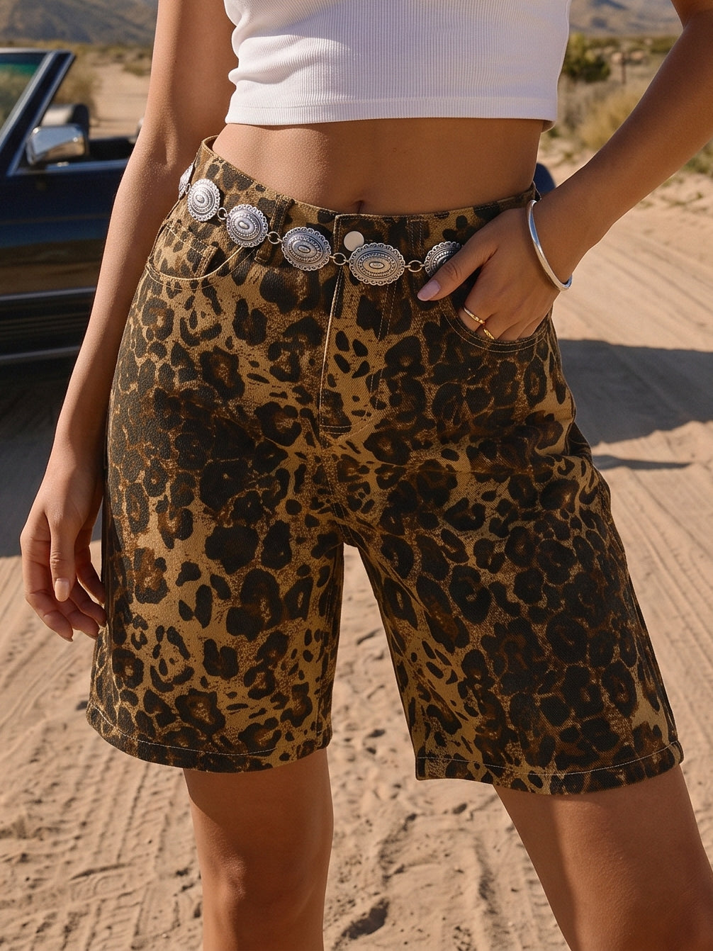 High Waisted Leopard Print Denim Shorts