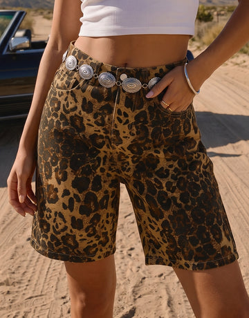 High Waisted Leopard Print Denim Shorts