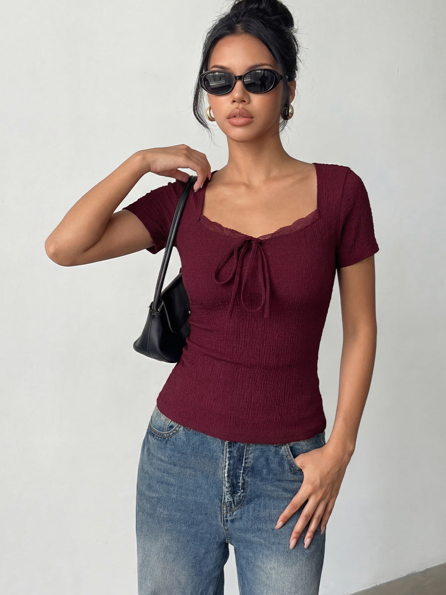 Smocked Lace Trim Tie Front T-Shirt
