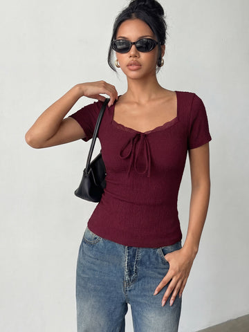 Smocked Lace Trim Tie Front T-Shirt