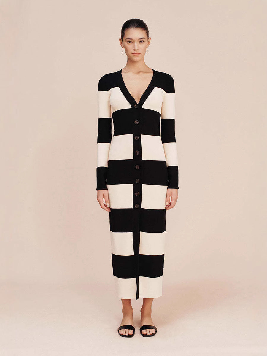 Striped Button Down Knit Midi Dress