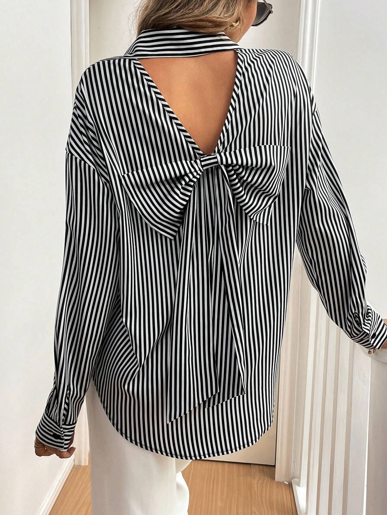 Open Back Bowknot Striped Button Shirt