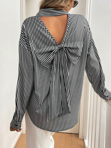 Open Back Bowknot Striped Button Shirt
