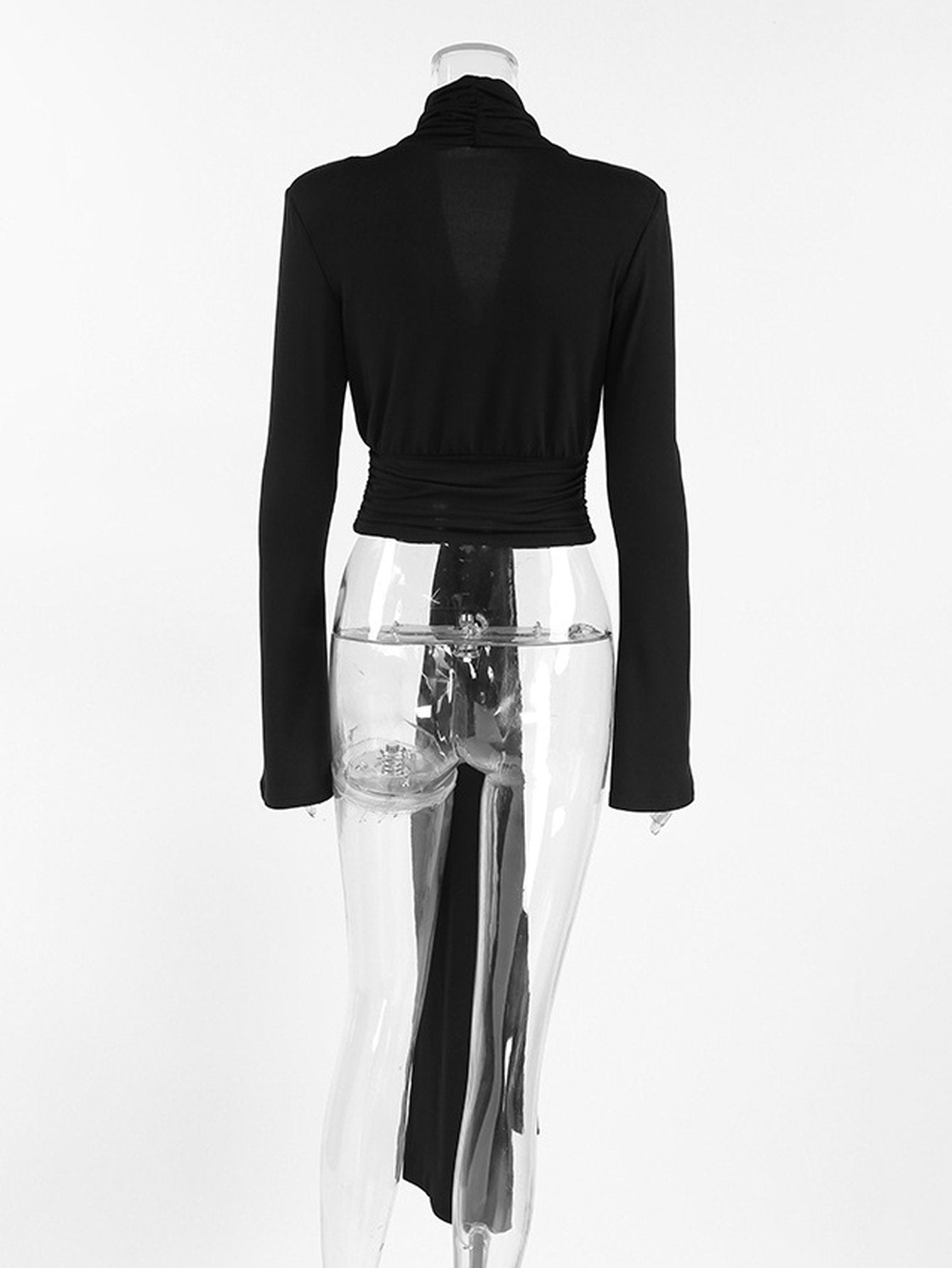 Plunging Neck Tie Front Long Sleeve Top