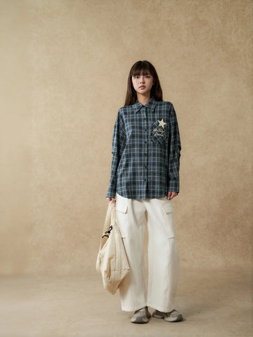 Oversized Plaid Star Embroidered Button Down Shirt