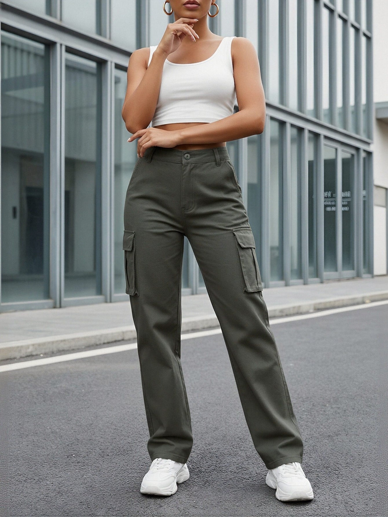 High-Waisted Multi-Pocket Cuff Utility Pants-Gray