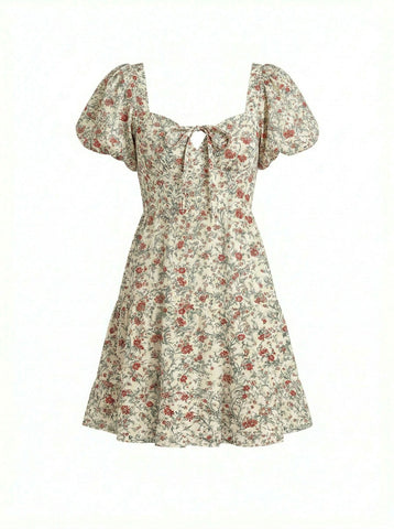 AYLA Floral Print Puff Sleeve Tiered Mini Dress