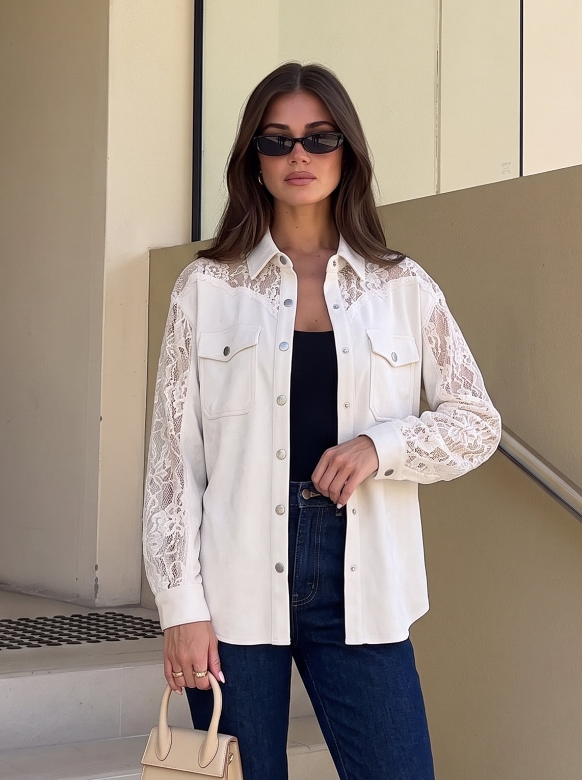 Elegant Lace Trim Button Down Shirt
