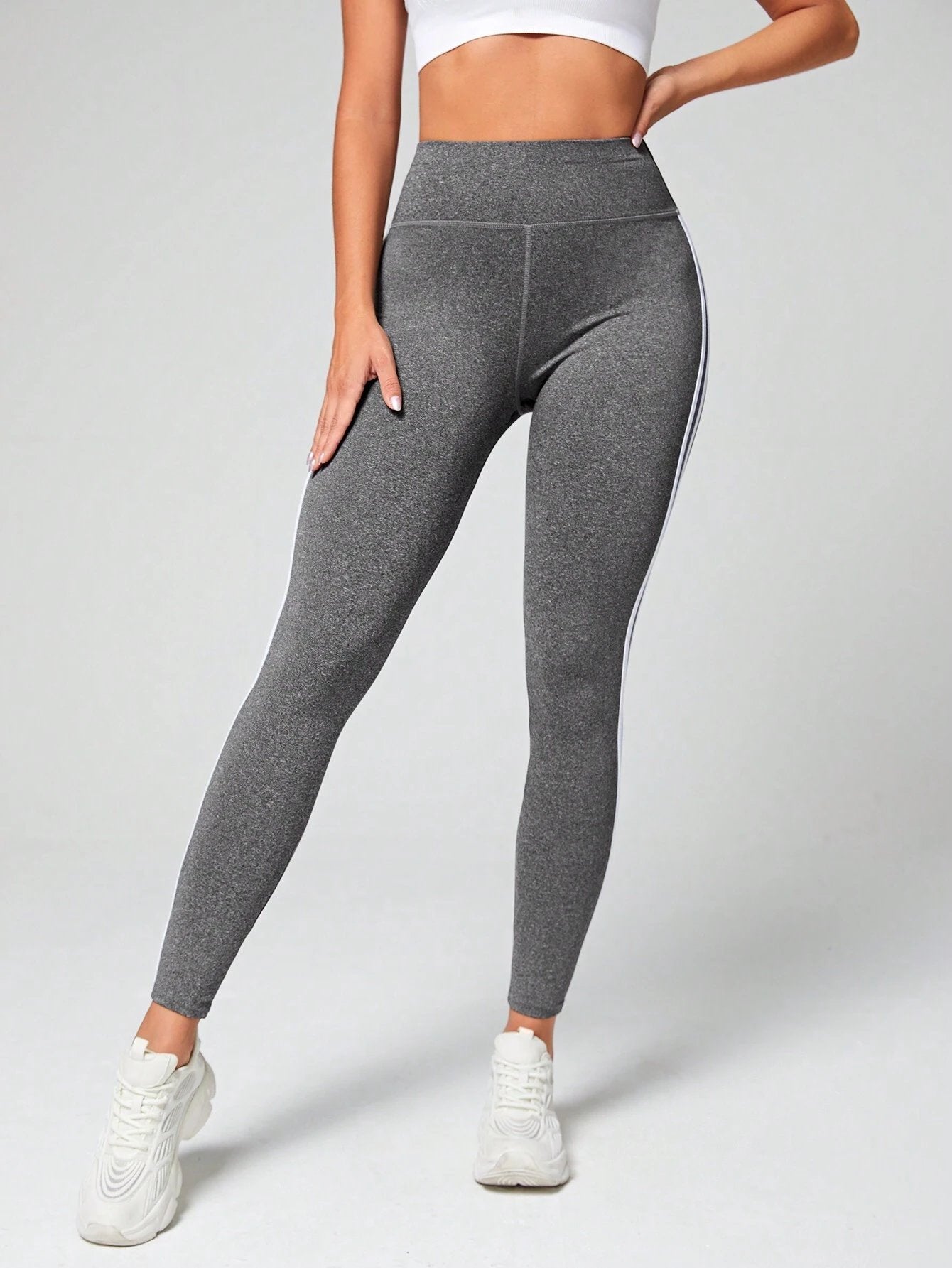 High-Waisted Contrast-Stripe Workout Leggings-Gray