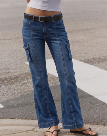 High Rise Seamed Cargo Flare Jeans
