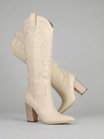 Embroidered Pointed-Toe Block-Heel Elegant Cowboy Boots