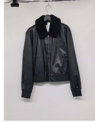 Faux Fur Collar Faux Leather Jacket
