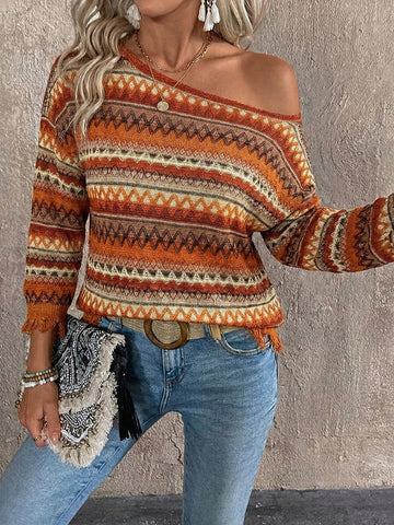 Off Shoulder Patterned Knit Top