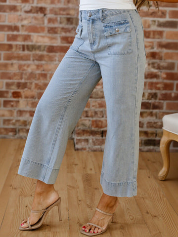High Waisted Pinstripe Wide Leg Jeans