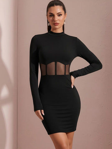Sheer Waist Long Sleeve Mini Dress