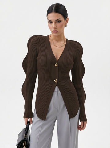 Sculptural Sleeve V Neck Cardigan