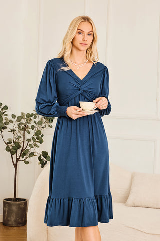 Twist Front Long Sleeve Midi Dress