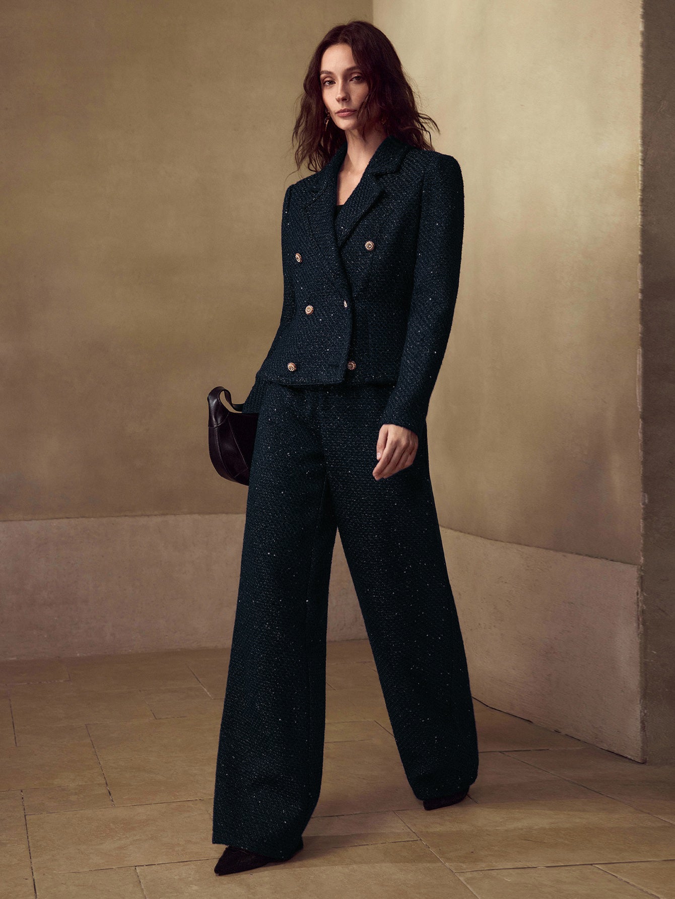 Elegant Tweed High Waisted Wide Pants