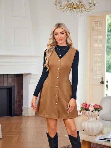 Suede Button Front Mini Dress