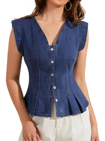 V Neck Fitted Peplum Denim Vest