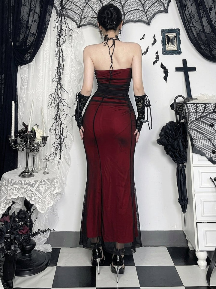 Gothic Ruched Mesh Maxi Dress