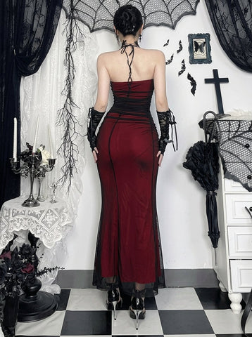 Gothic Ruched Mesh Maxi Dress