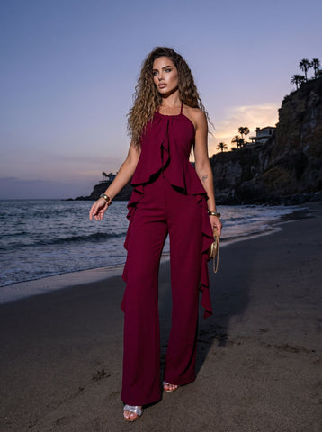 Elegant Ruffled Halter Pant Set