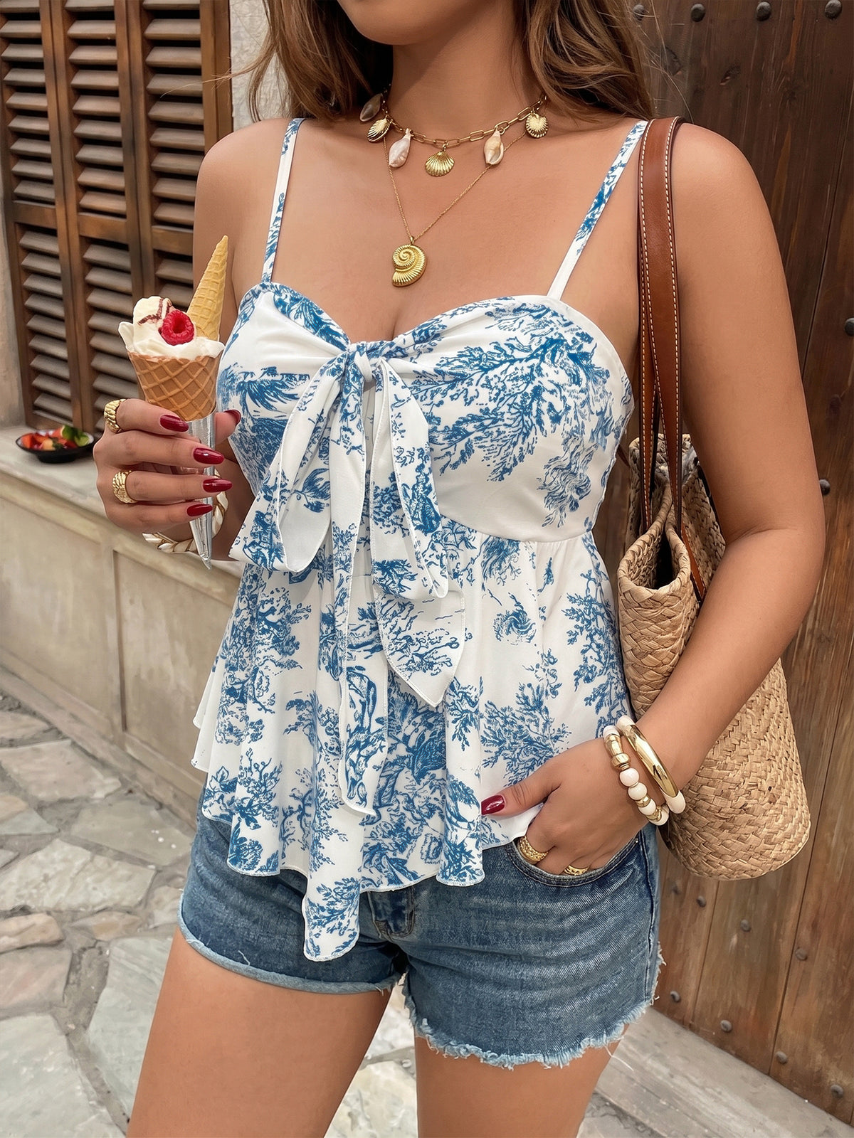 Floral Tie Front Peplum Camisole