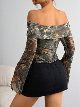 Camo Off Shoulder Long Sleeve Tee