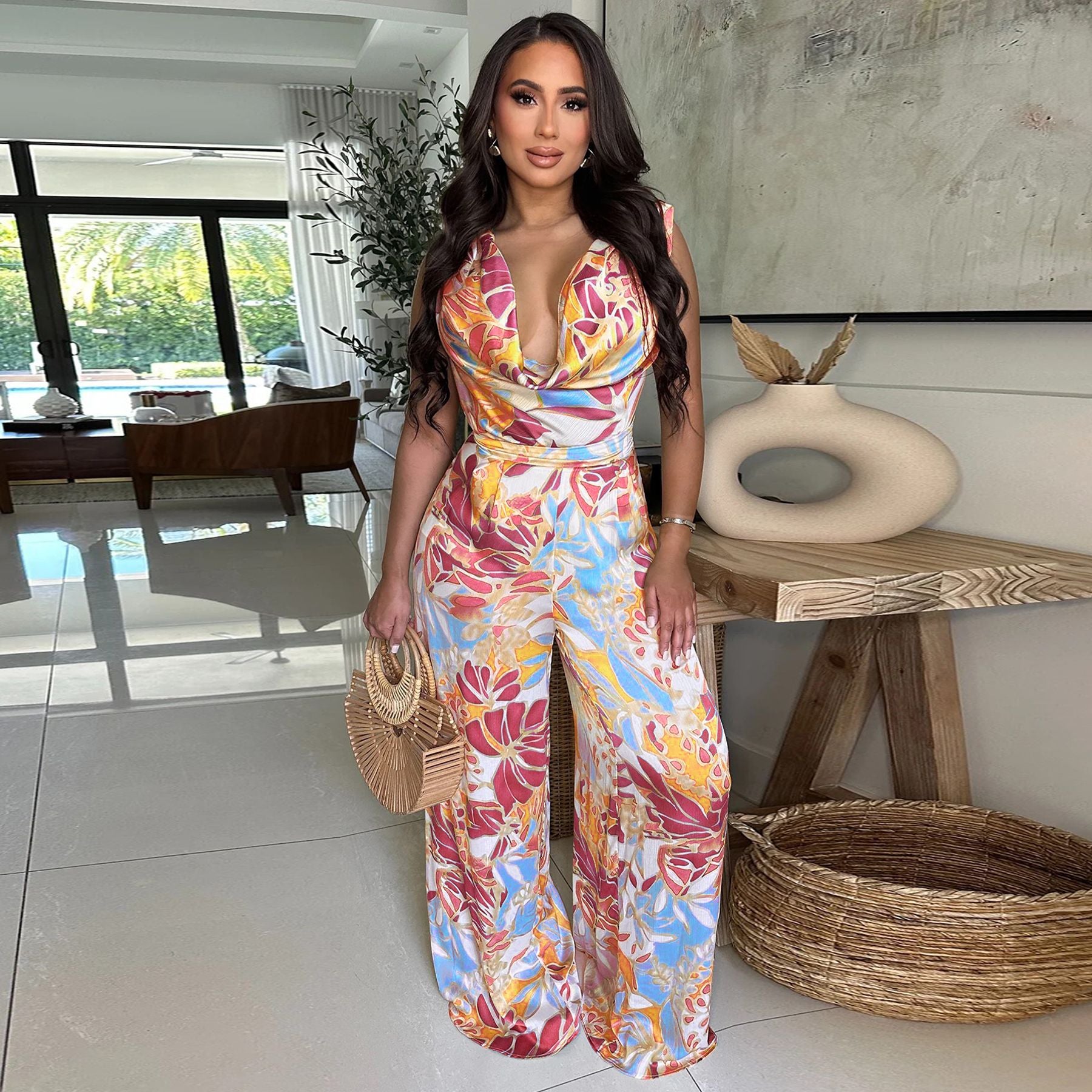 Deep V Neck Floral Print Elegant Jumpsuit