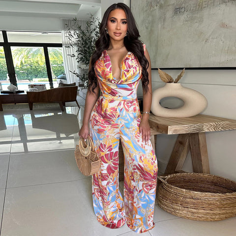 Deep V Neck Floral Print Elegant Jumpsuit