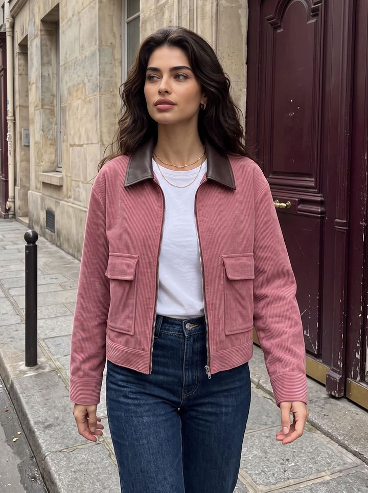 Contrast Collar Corduroy Zip Jacket