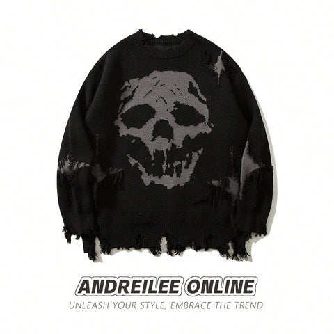 Distressed Grunge Skull Graphic Sweater