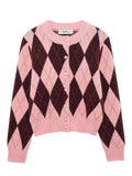 Cropped Argyle Pattern Knit Cardigan