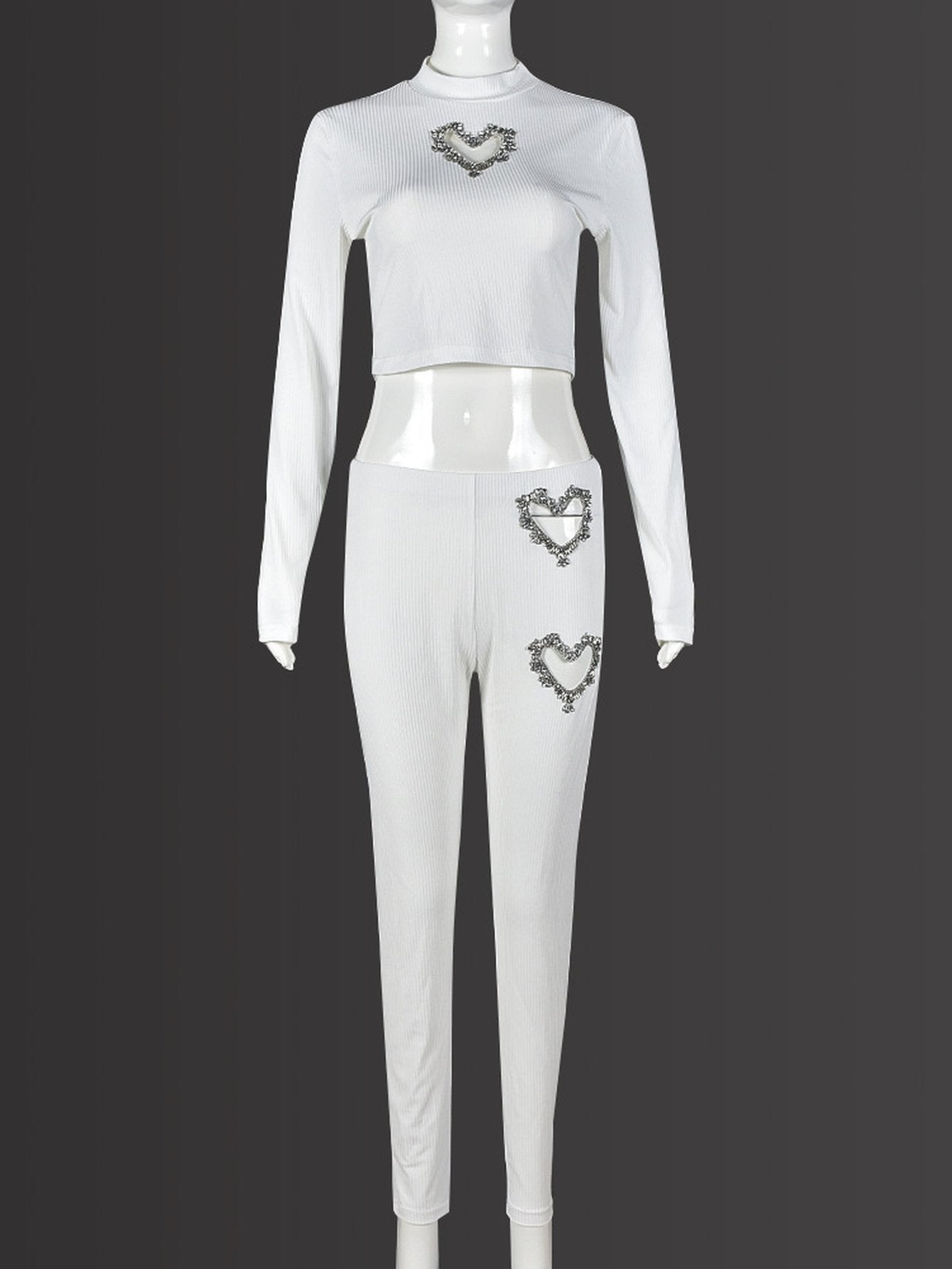 Rhinestone Heart Ribbed Pants Set