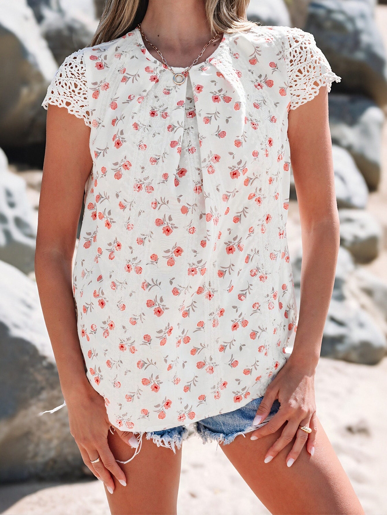 Floral Lace Trim Chiffon Blouse