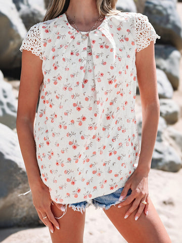 Floral Lace Trim Chiffon Blouse