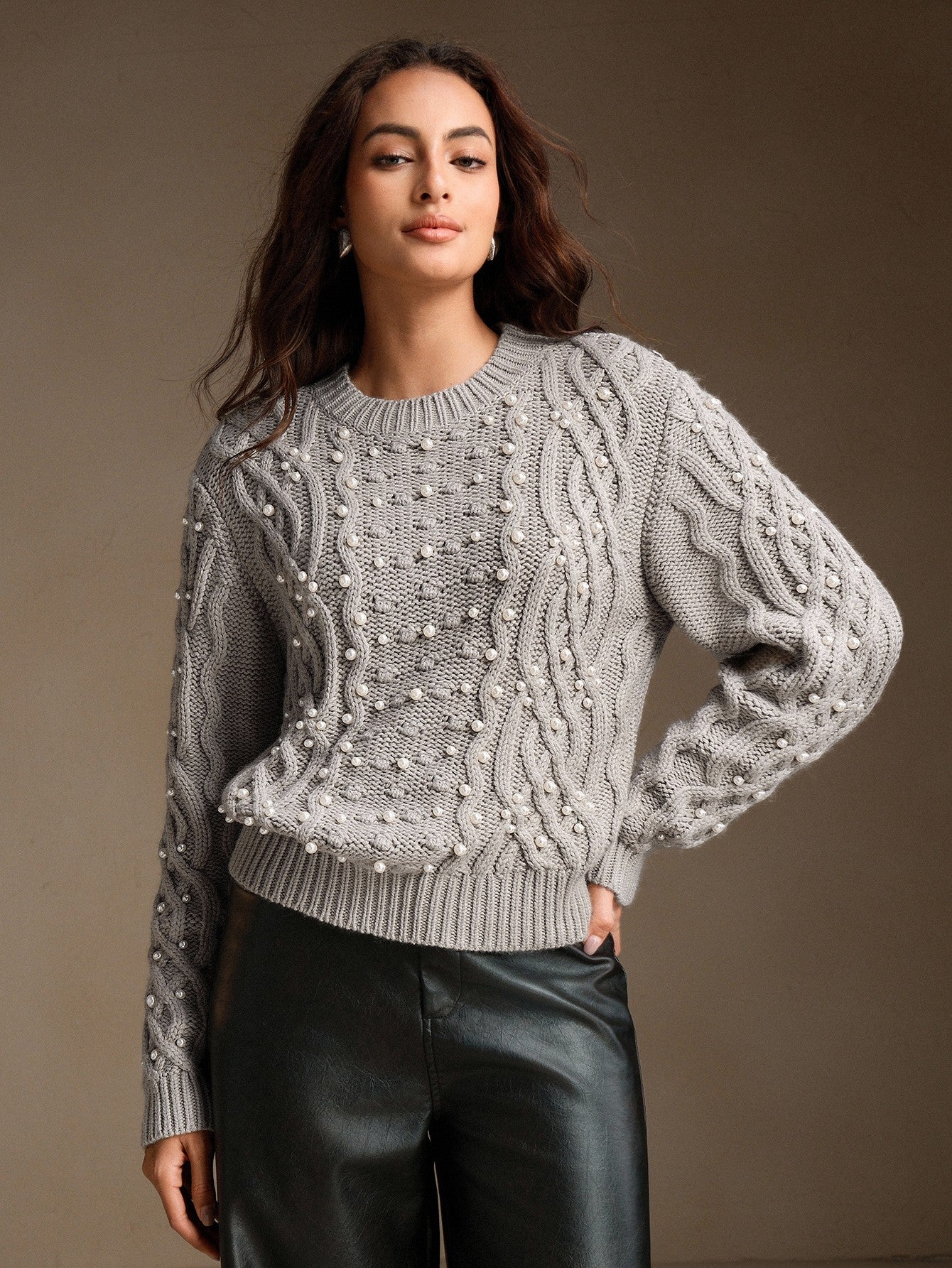 Beaded Cable Knit Pullover Sweater