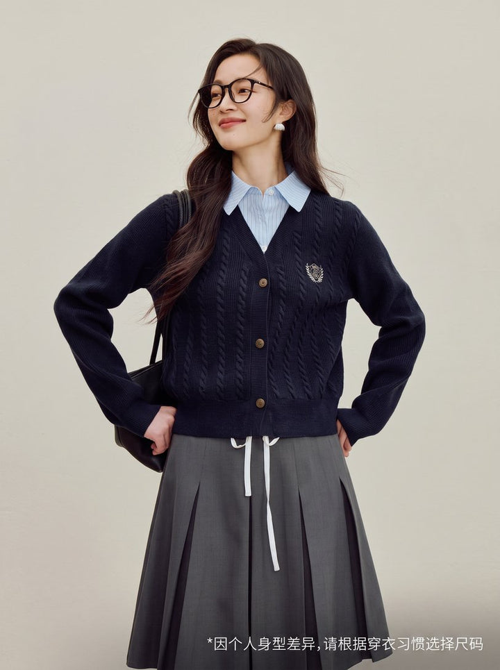Preppy Cable Knit V Neck Cardigan