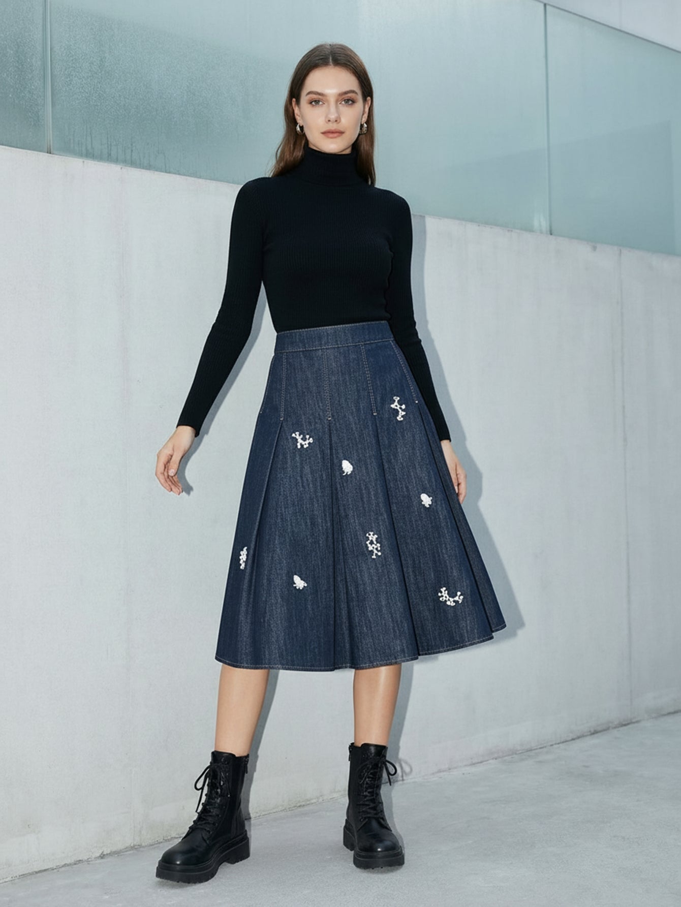 Urban Revivo Ruffled Trim Embroidered Pleated Denim Midi Skirts-Blue