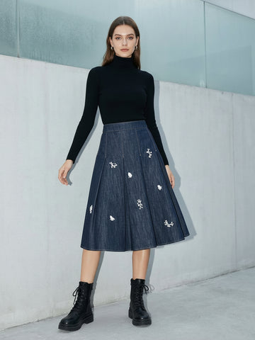 Urban Revivo Ruffled Trim Embroidered Pleated Denim Midi Skirts-Blue