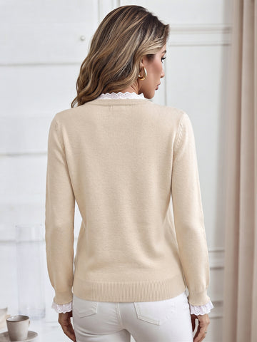 Lace Trim Crewneck Pullover Sweater