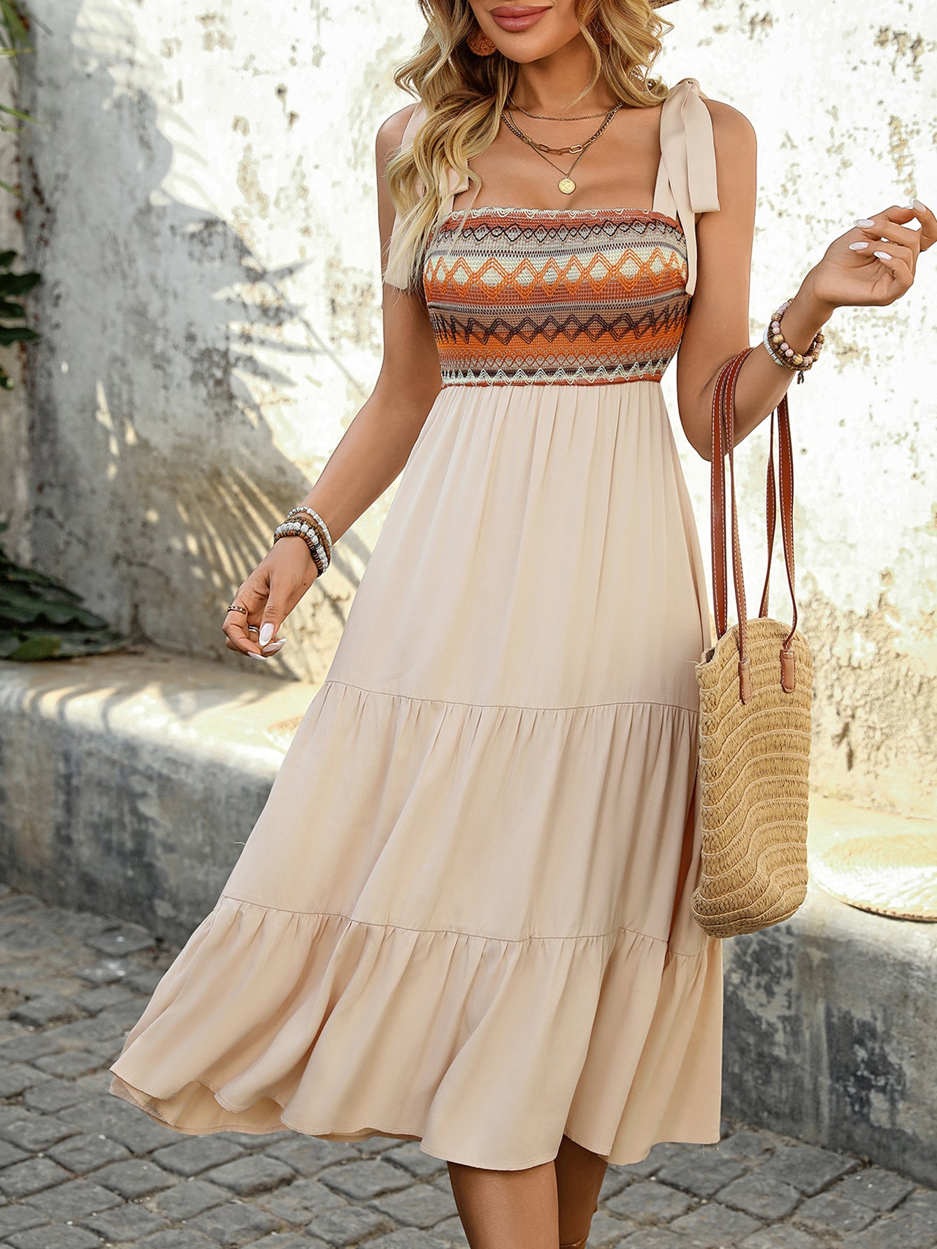 Color Block Ruffle Hem Boho Midi Dress
