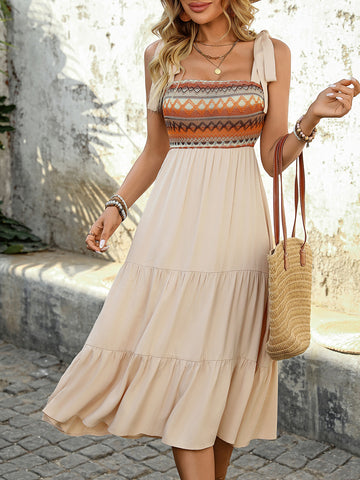 Color Block Ruffle Hem Boho Midi Dress