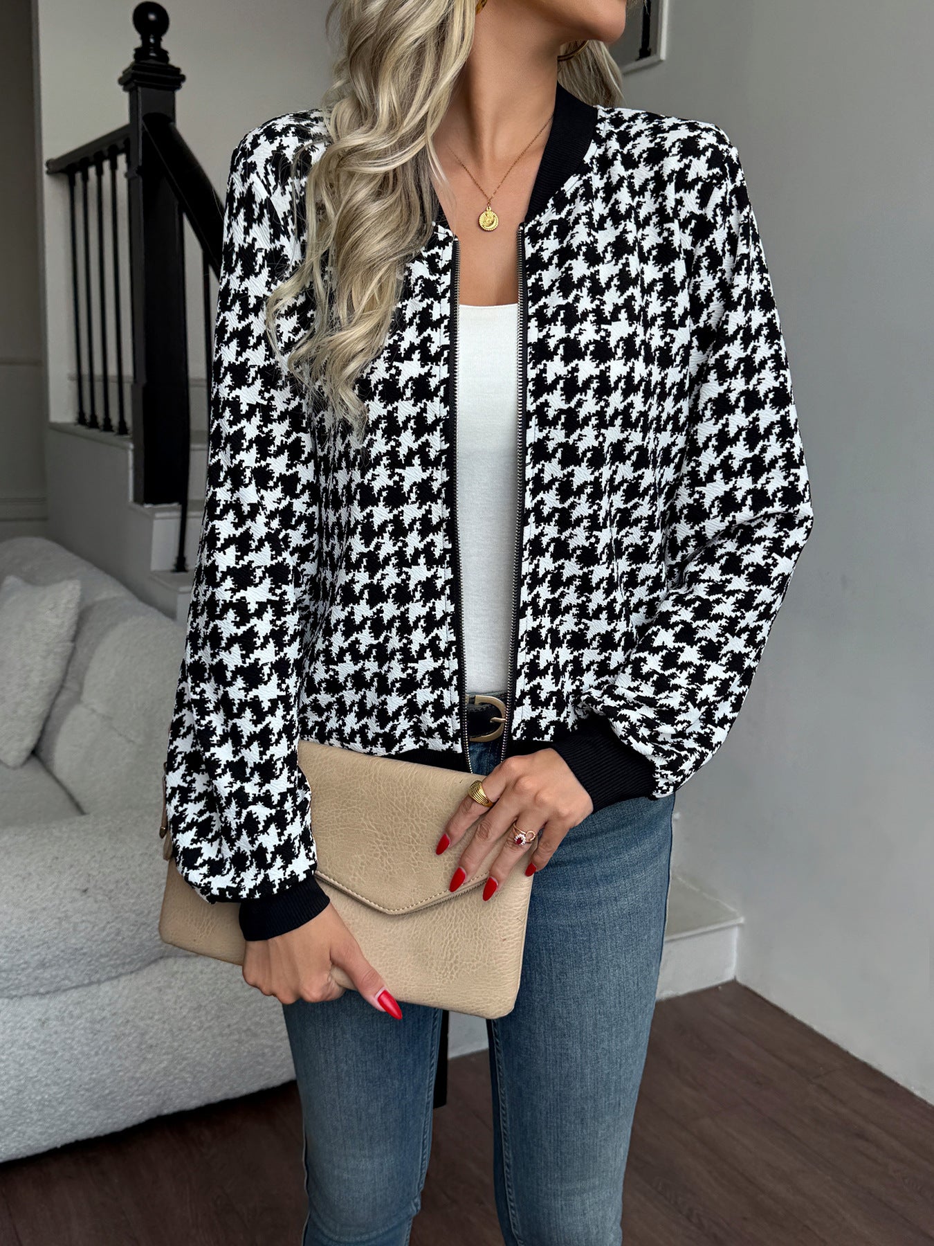 Classic Houndstooth Zip Up Bomber Jacket