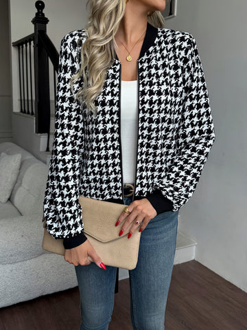 Classic Houndstooth Zip Up Bomber Jacket