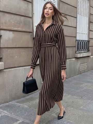 Elegant Striped Belted Shirt Dress